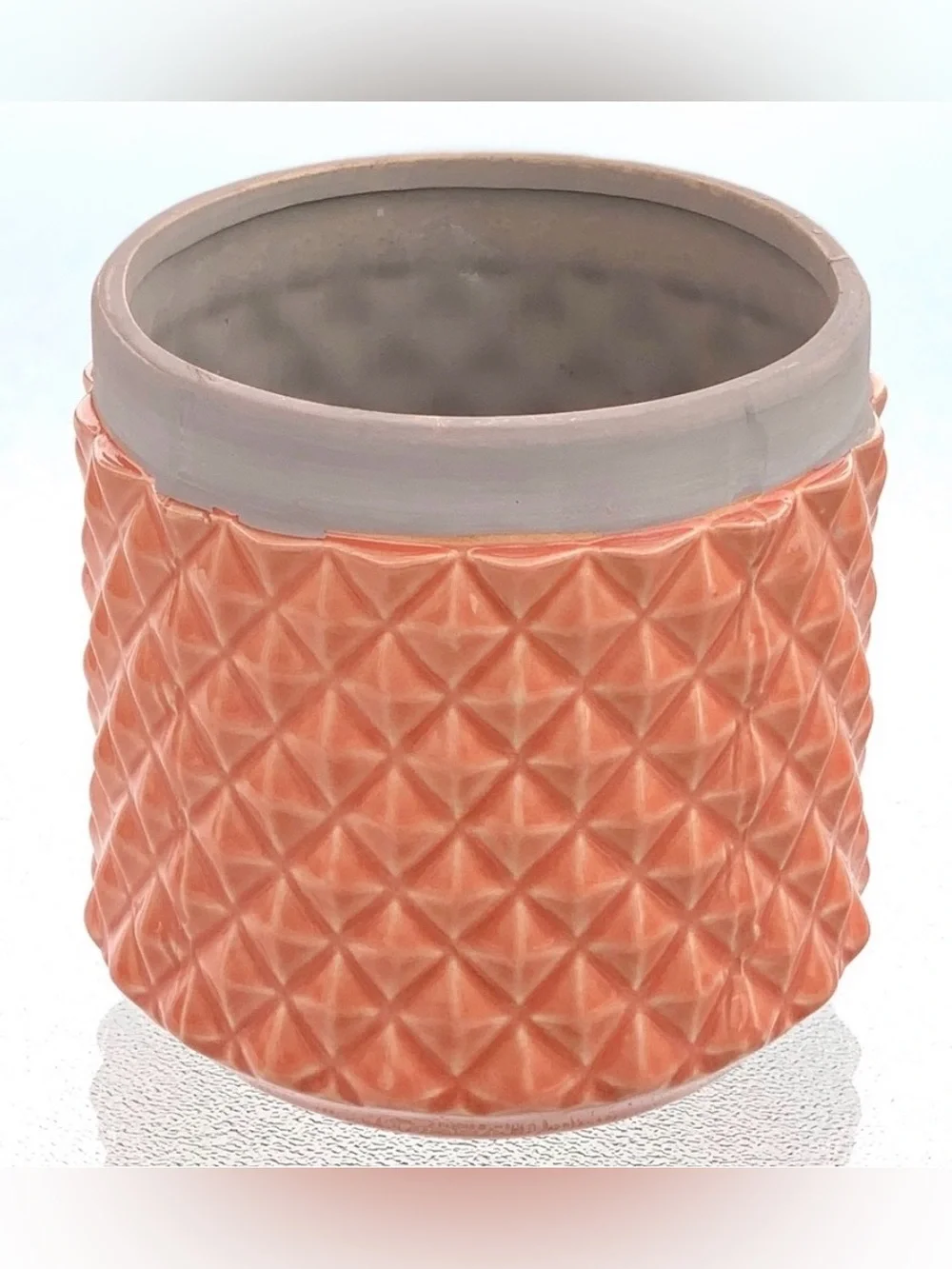 Coral Orange and Gray All-Over Diamond Pattern Textured Ceramic Flower Pot